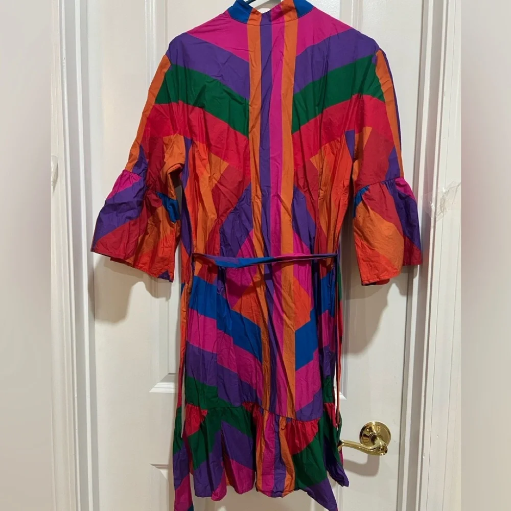 Farm Rio Amanda Stripes Colorful Striped Mini Tiered Ruffle Button Front Dress - Picture 4 of 6